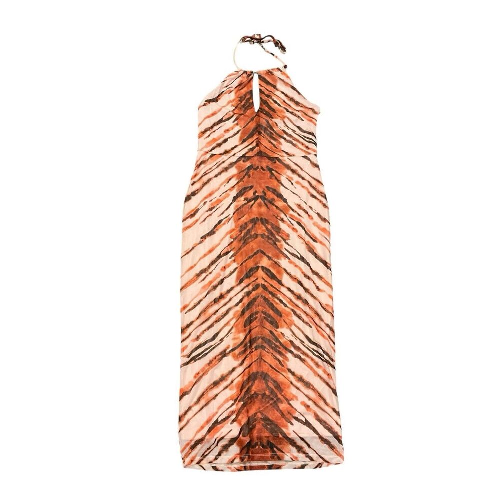 AFRM Zadie Tiger Print Halter Maxi Dress M Orange Brown Bodycon NWT